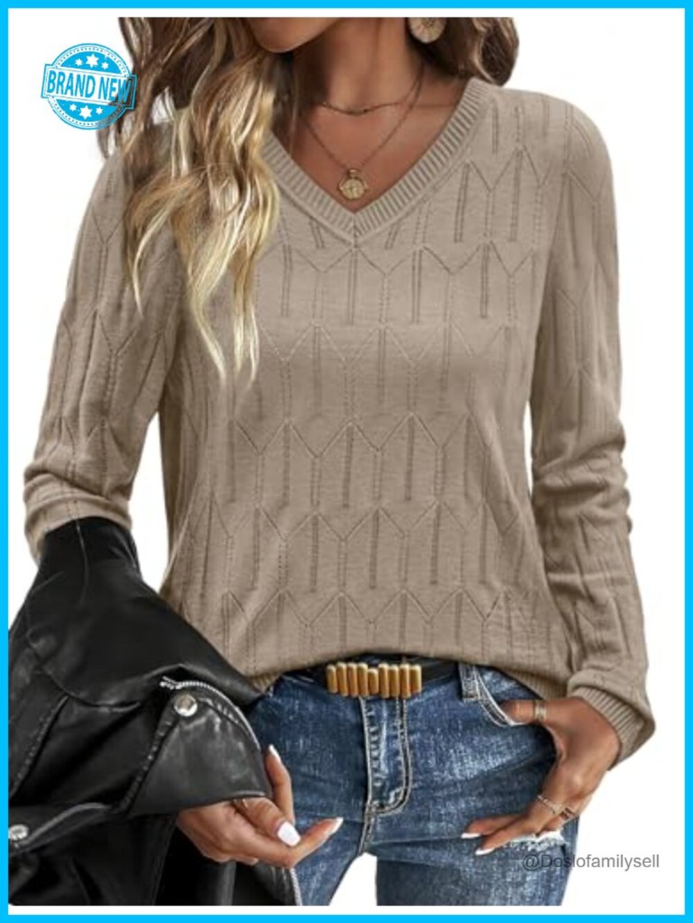 Womens V Neck Soft Knit Pullover Sweater Long Sleeve Casual Blouse